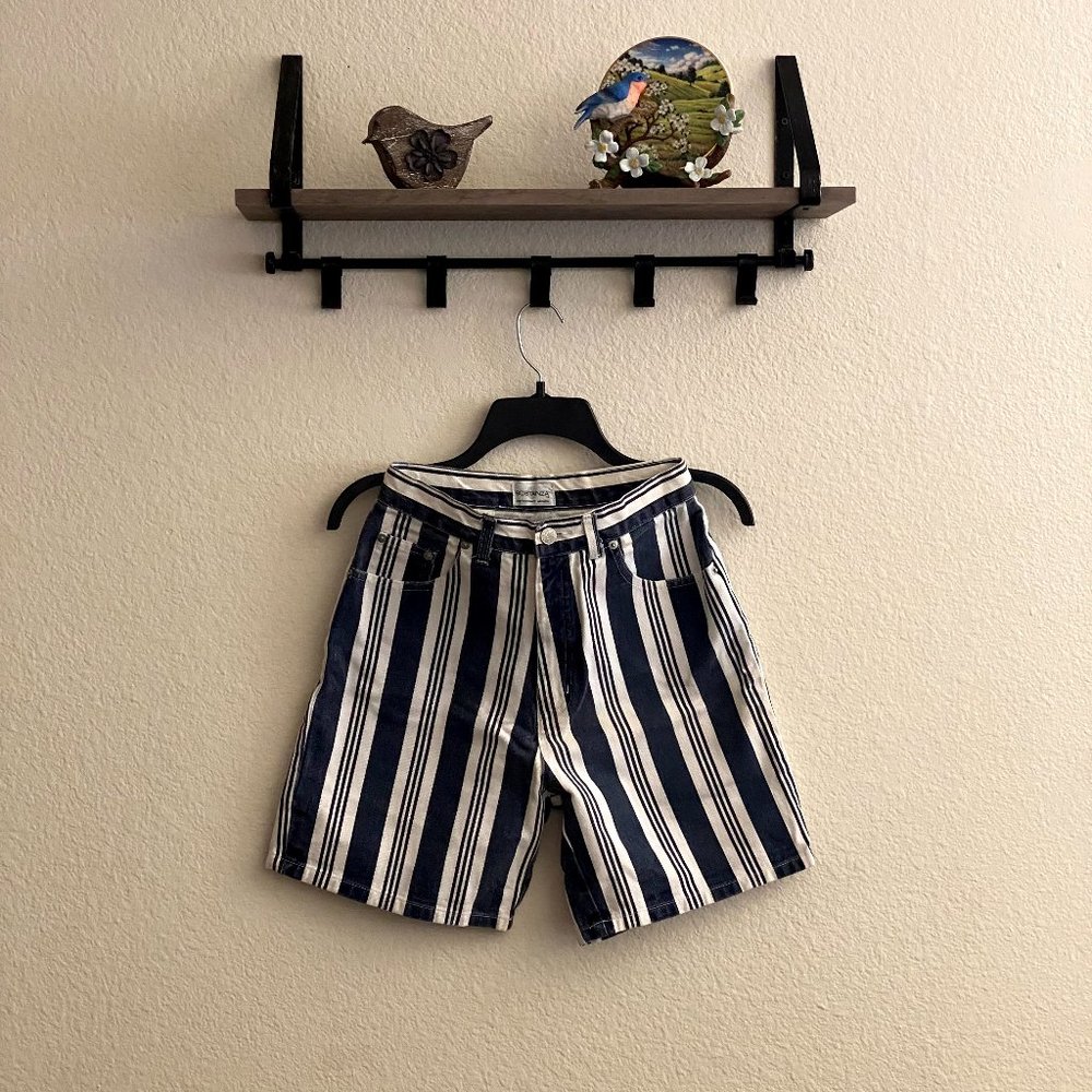 Sostanza sz:9 Striped Navy Denim High-Waist Shorts